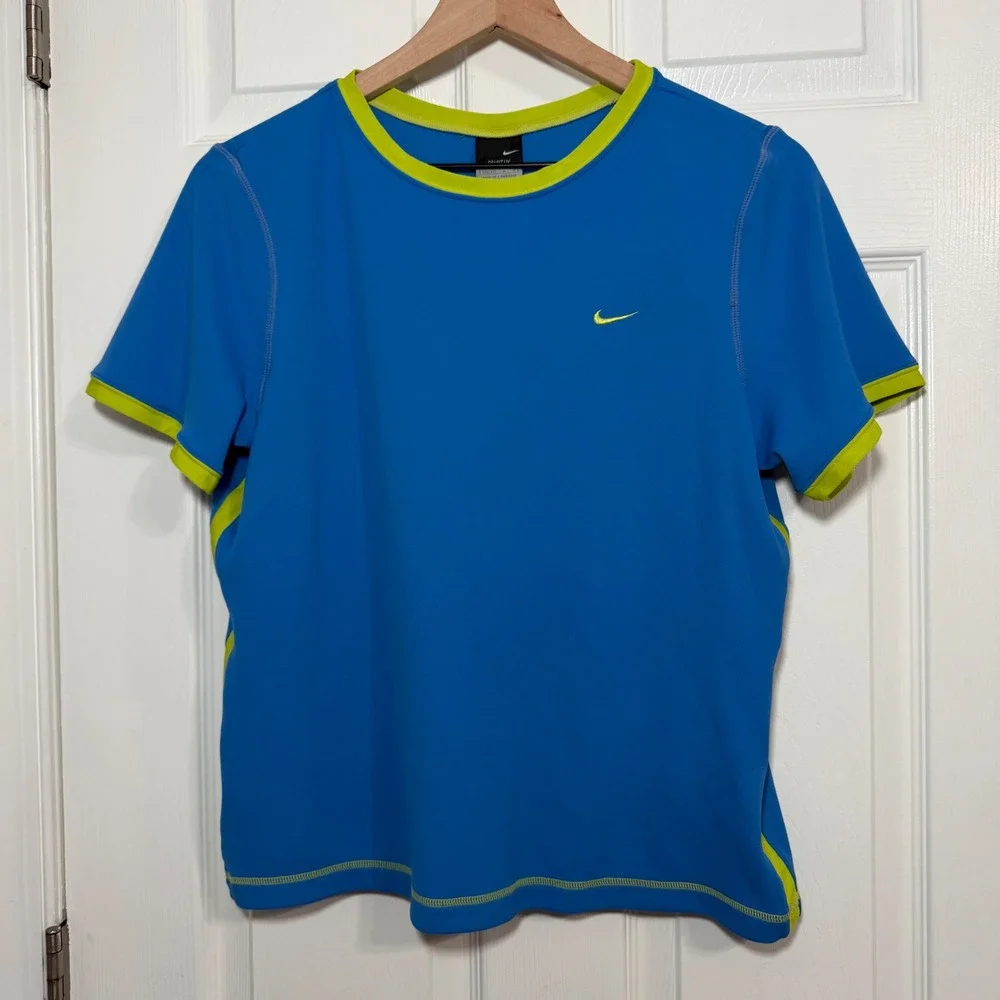 Y2K vintage Nike Dri-FIT UV Blue Lime Green Short Sleeve Athletic Shirt Womens L